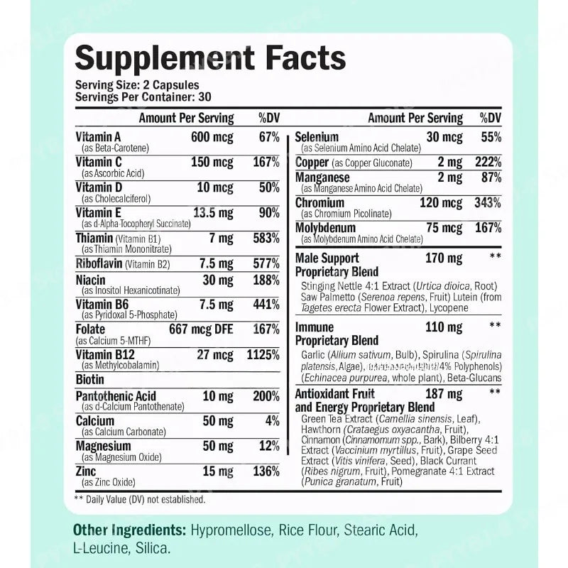 Multivitamin for Men Capsule Immune Health Support Contain Methylated Vitamins and Chelated Minerals Provide Body Energy 60count