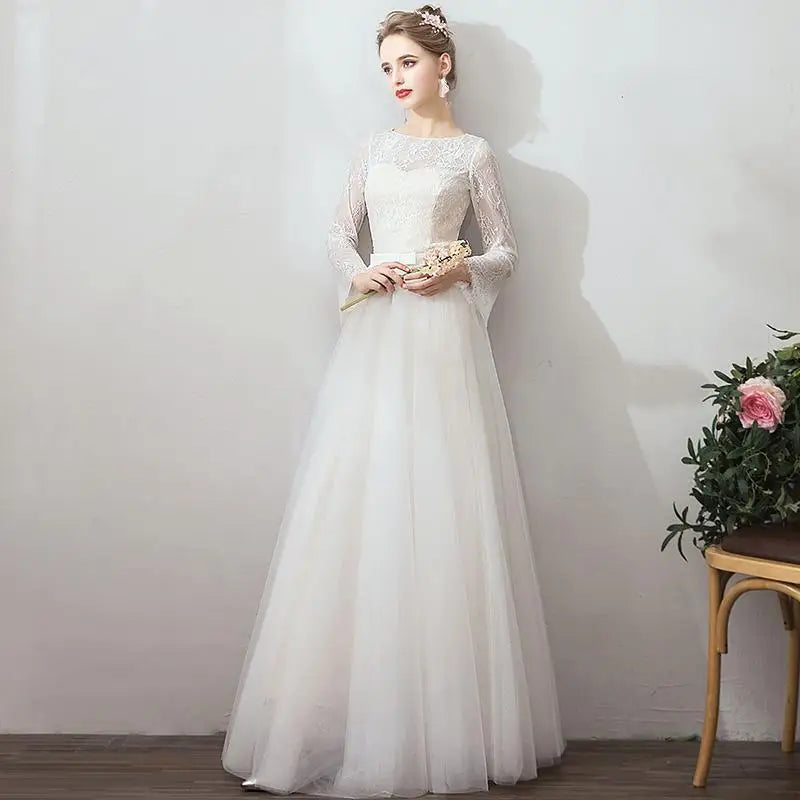 2026 New Bridal Retro Long Sleeve Wedding Dress, Evening Dress, Fashionable, Simple and Slim Outing Yarn Super Fairy Dress