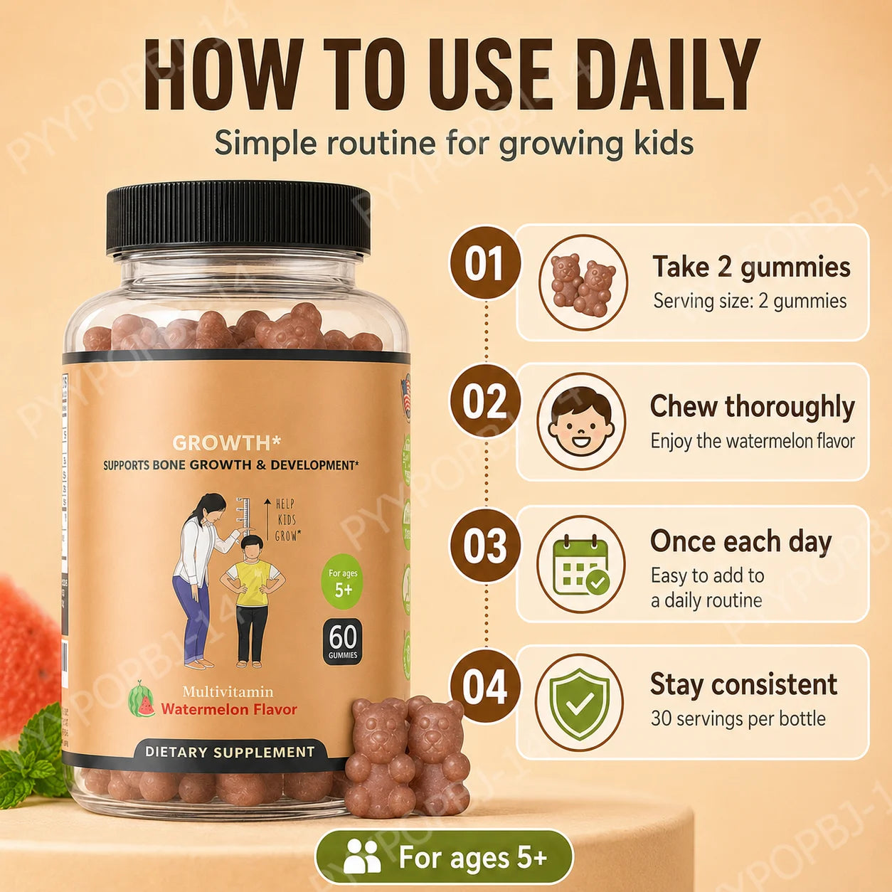 Kids Multivitamin Gummies with Calcium Vitamin D Daily Wellness Support for Kids Watermelon Flavor 60 Gummies