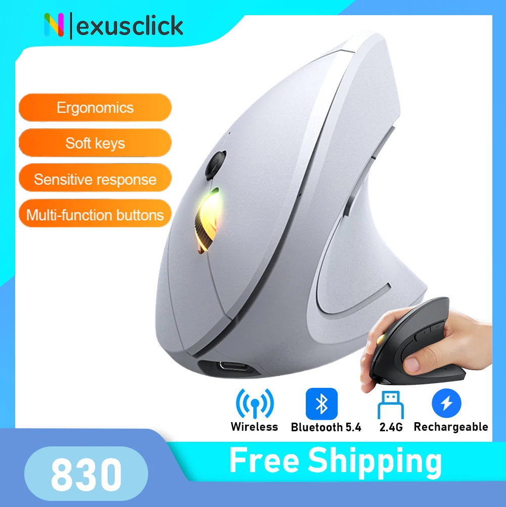 2.4GHz Bluetooth Wireless Mouse Rechargeable Vertical Mouse Ergonomic 1600DPI Adjustable 6Buttons For Laptop PC Computer Desktop