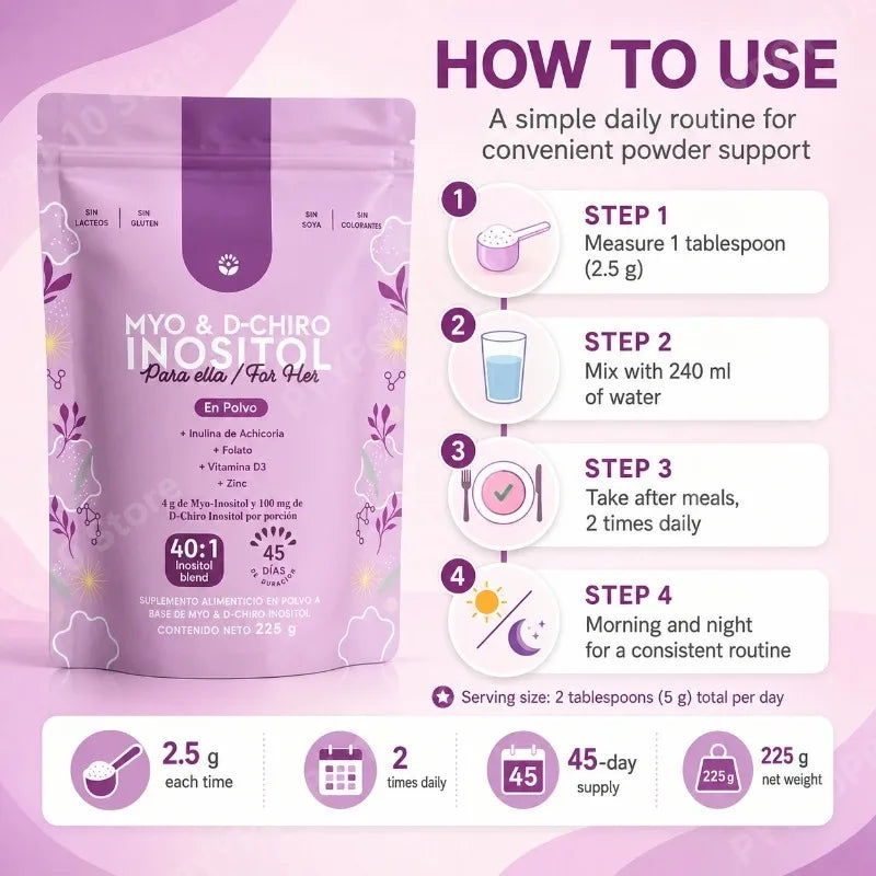 Myo & D-Chiro Inositol Powder 40:1 Mix Supplement Support Women's Daily Health with Folate,Vitamin D3 & Zinc Nutritional Formula