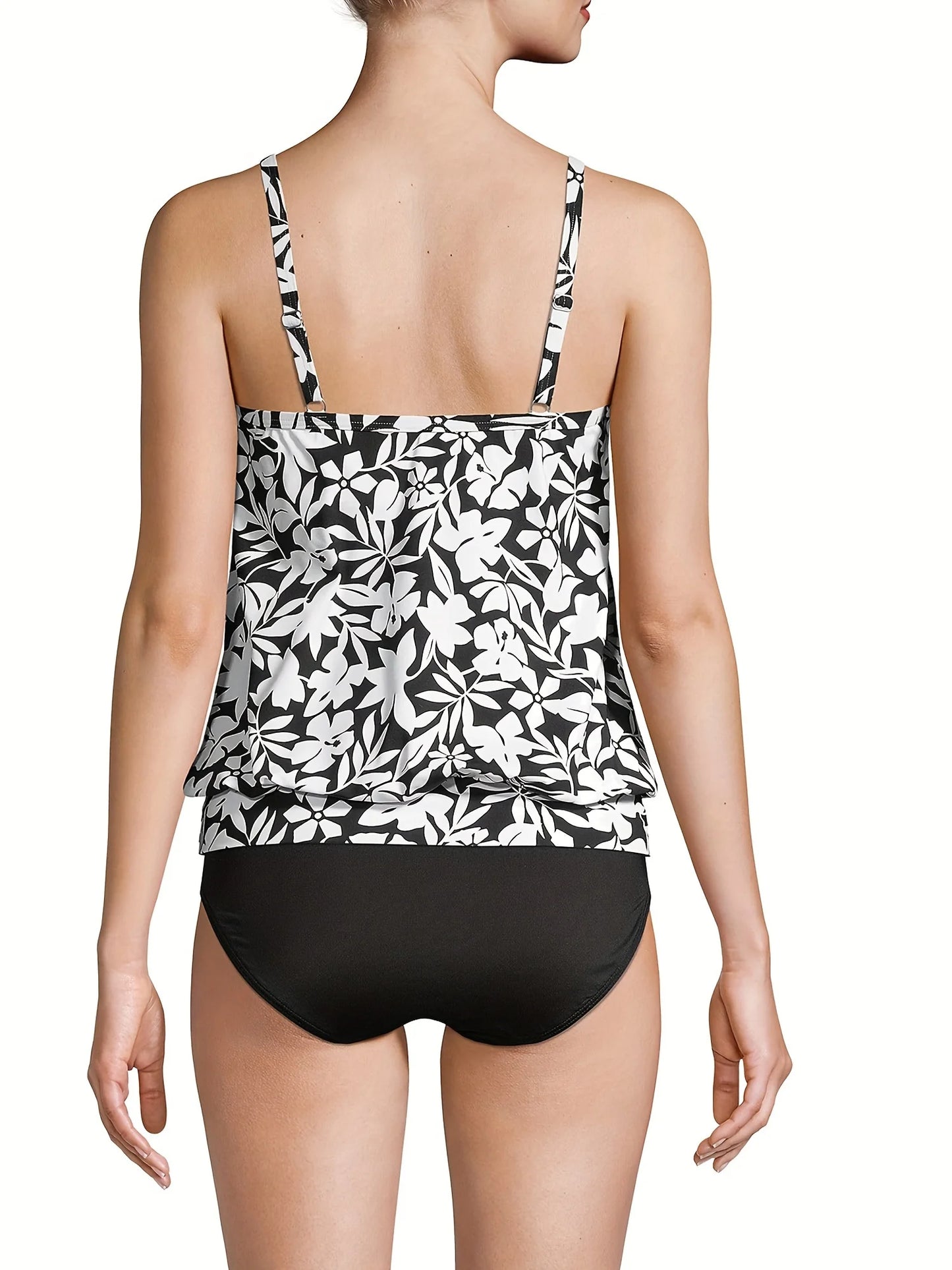 2026 New Black White Floral Print Tankini Set, Thin Spaghetti Strap Blouson Scoop Neck Top Solid High Cut Bikini Bottoms