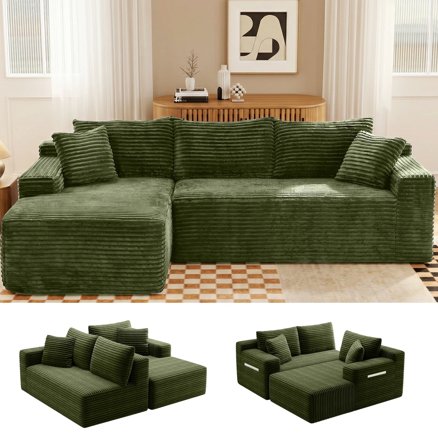 94.5" Cloud Modular Sectional Corduroy Sofa with L-Shape Chaise, No Assembly Deep Seat Corner Couch for Living Room, Black