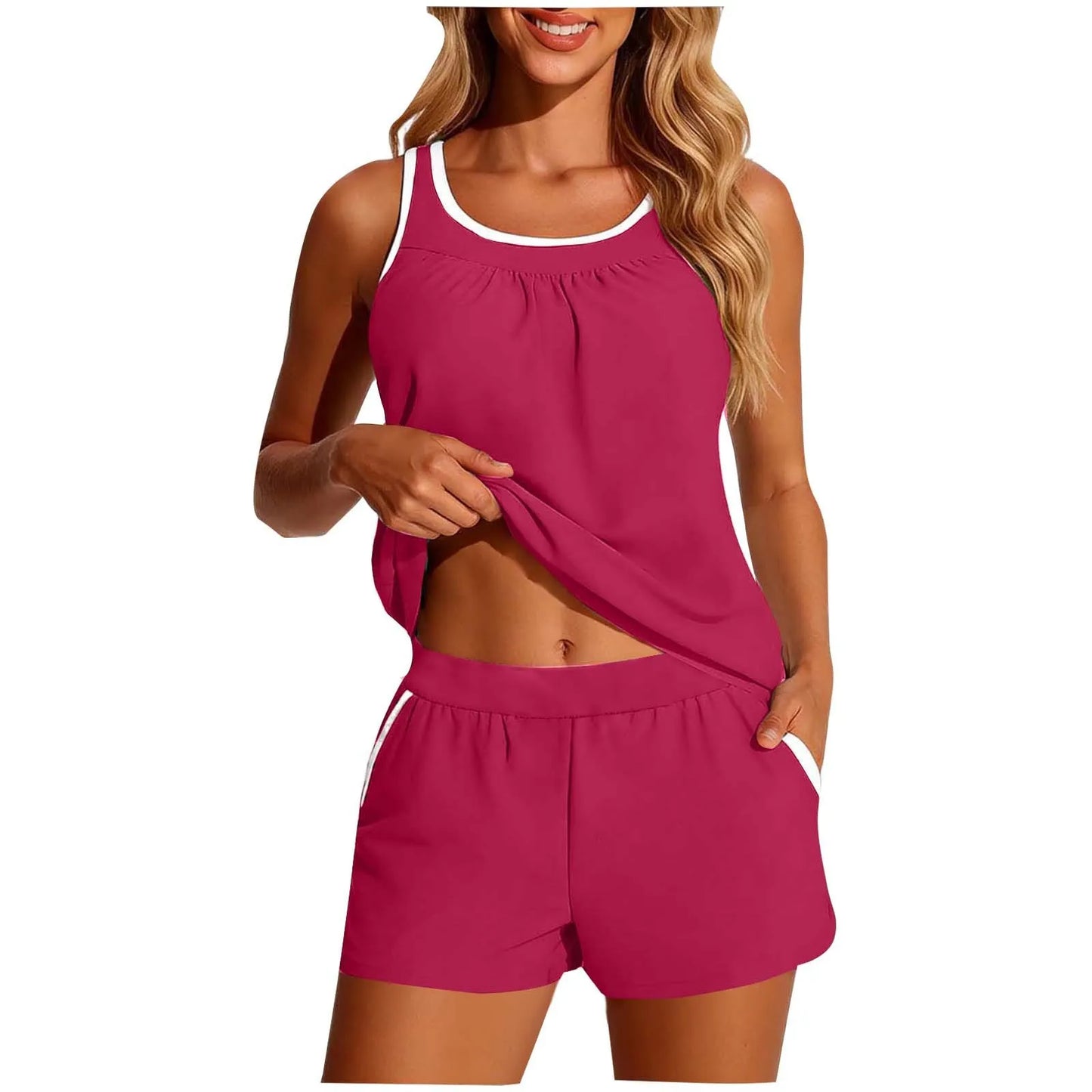 Women's 2-piece Swimwear Sleeveless Cropped Tankini Top Solid Color Two Piece Swim Tank White Trim Loose Fit Bandeau Set