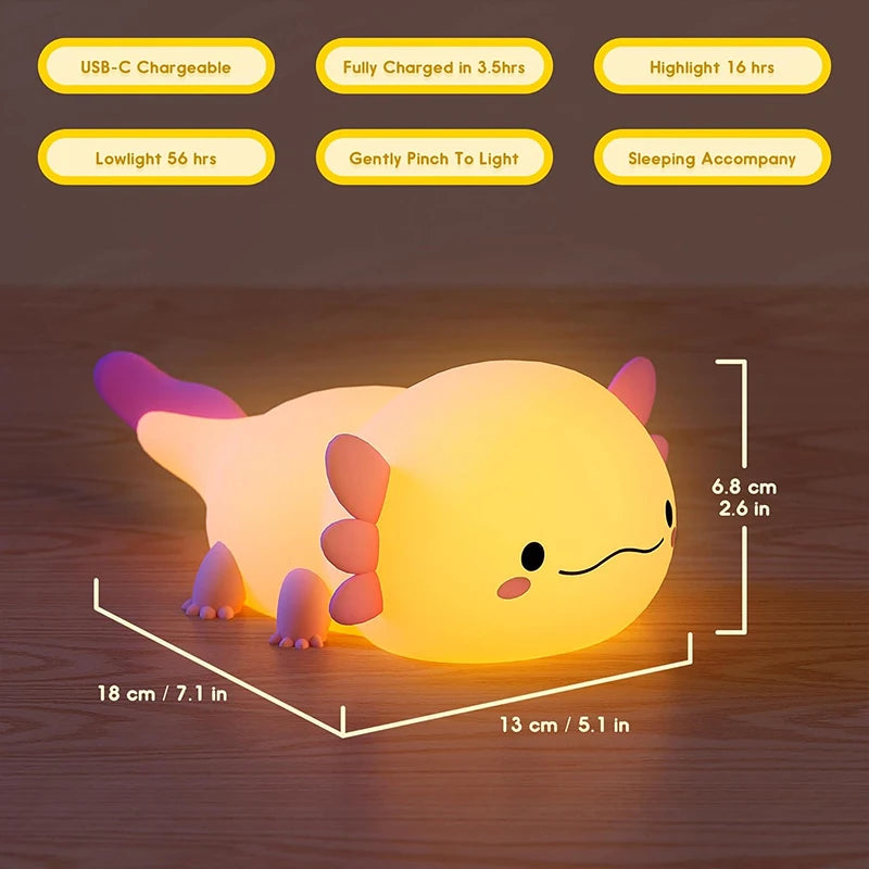 Cute Axolotl Silicone Night Light Touch Control USB Rechargeable Nursery Sleeping Table Lamp For Baby And Children
