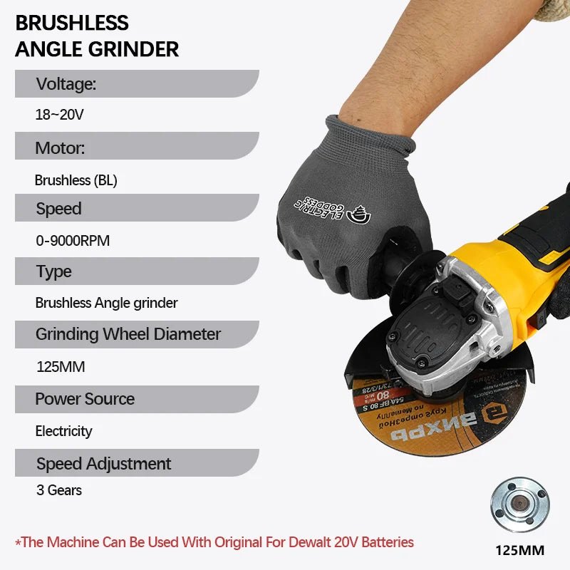 Electric Goddess 125mm Brushless Electric Angle Grinder Power Tool Cordless Polishing Grinding Tool For Dewalt 20V Battery Pin