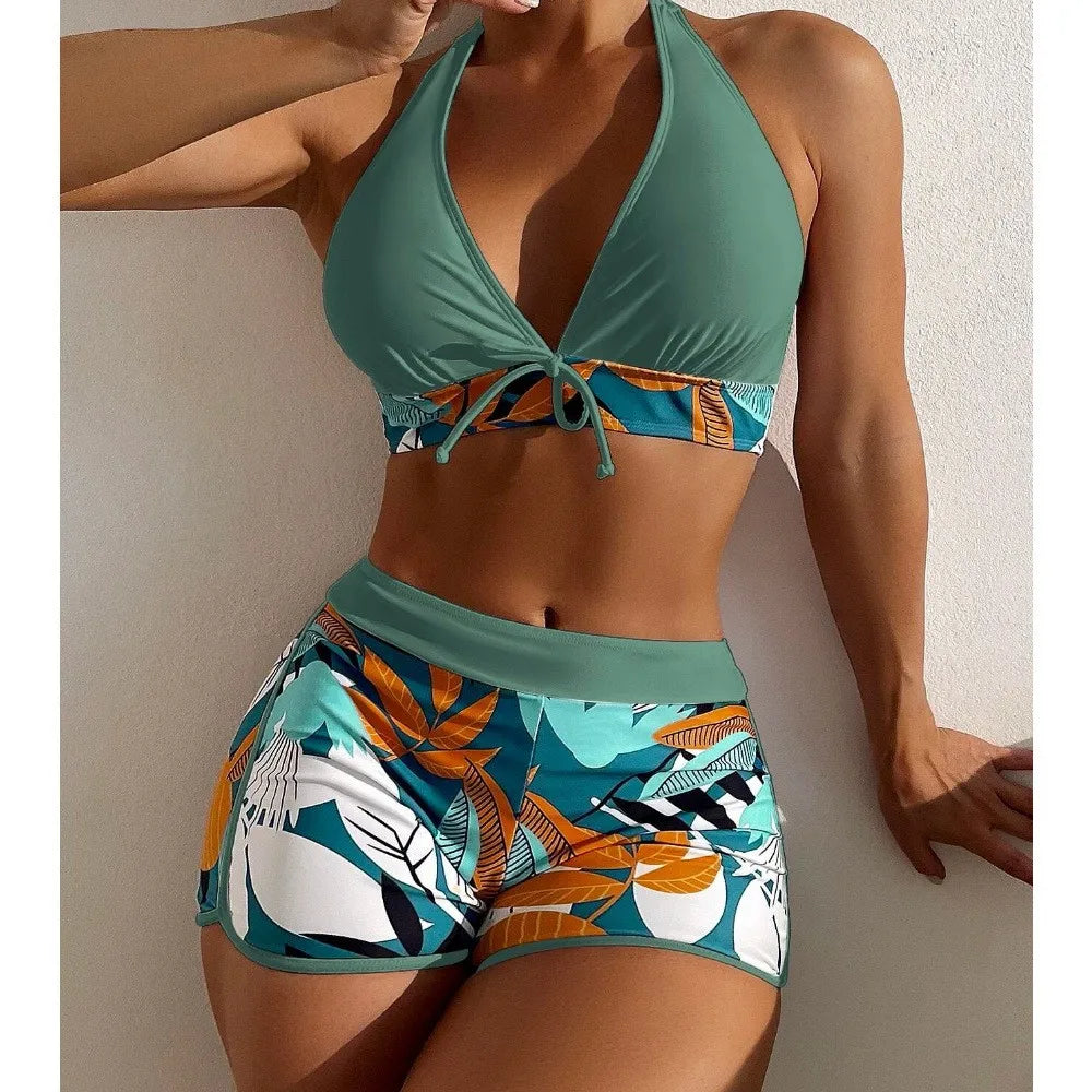 Swimsuit Woman Two Piece Swimsuit Sleeveless Tankini Top High Waist Shorts Swimwear With Tropical Leaf Print Halter Neck