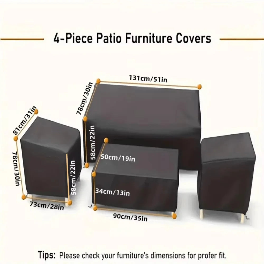 4pcs Outdoor Furniture Cover Set Includes an Outdoor Sofa Cover,Two Chair Covers,And a Coffee Table Cover.