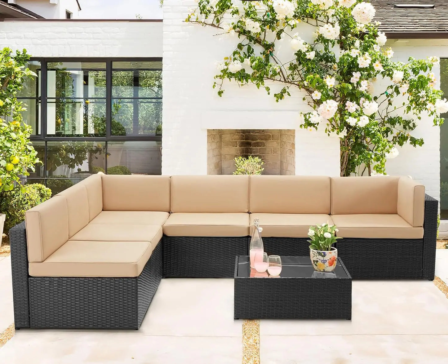Outdoor Patio Furniture Set, PE Rattan Wicker Sectional Sofa with Cushions & Tea Table, 7 Piece, Black & Beige, Custom