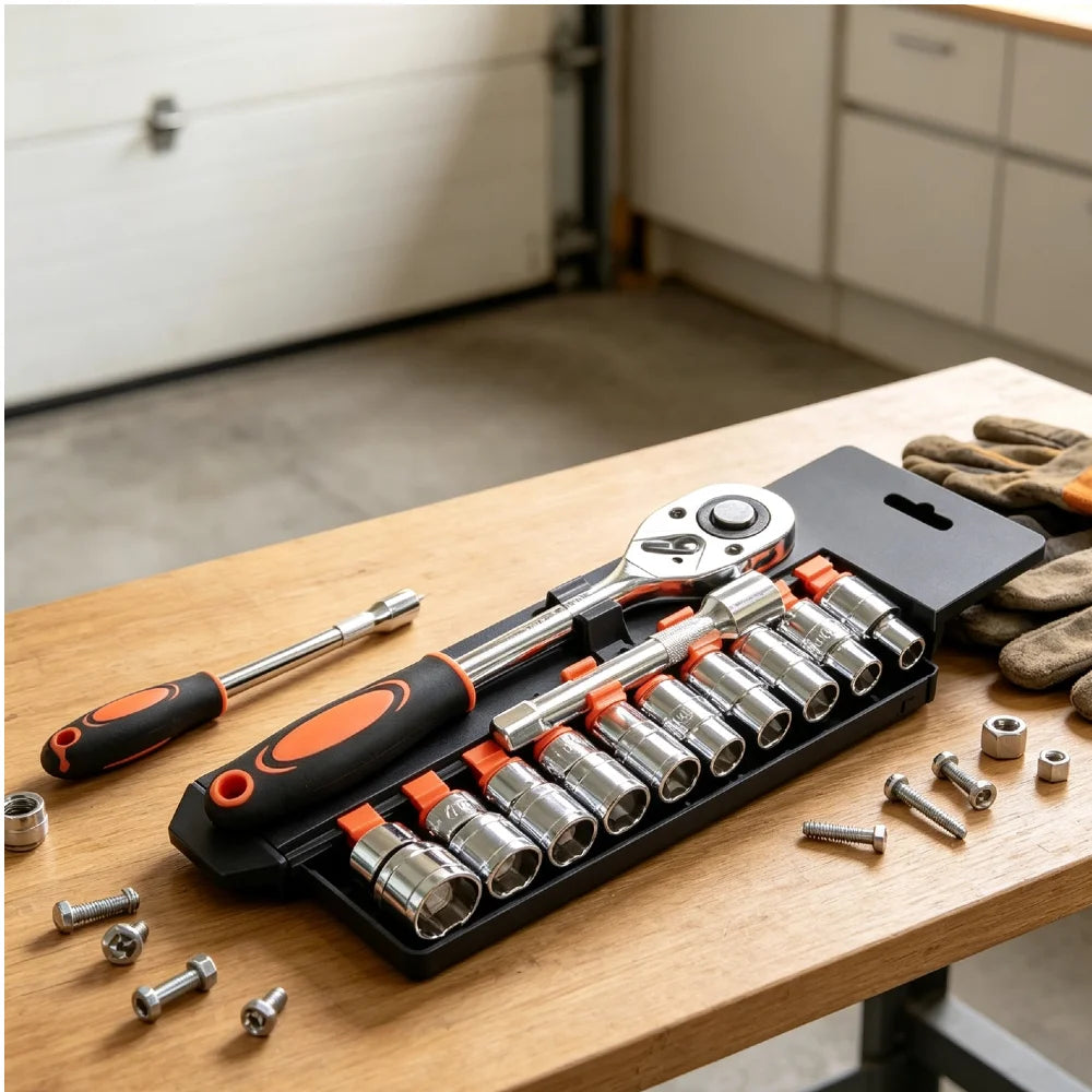 12Pcs Wrench Socket Set Short Socket Ratchet Hand Tool Kit for Car Motorcycle Bicycle Repair