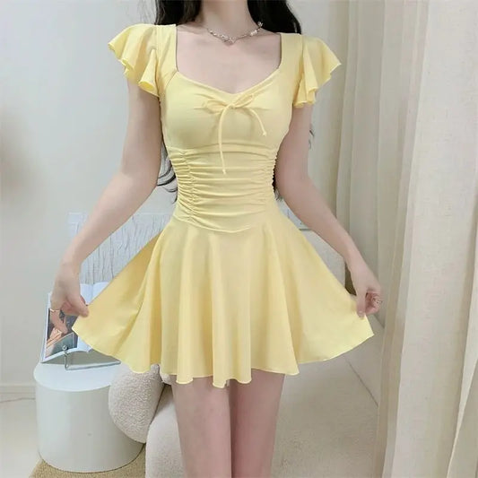 2026 Women Open Back Short Sleeve Swimsuit Solid Color Slimming Bathing Suit with Padding Thermal Spa Hot Spring Swimwear