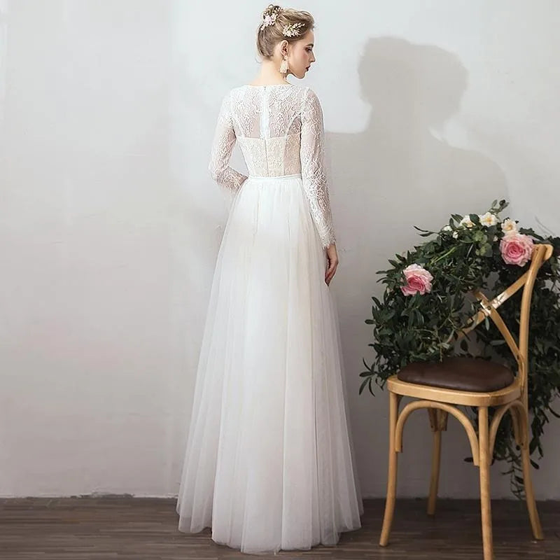 2026 New Bridal Retro Long Sleeve Wedding Dress, Evening Dress, Fashionable, Simple and Slim Outing Yarn Super Fairy Dress