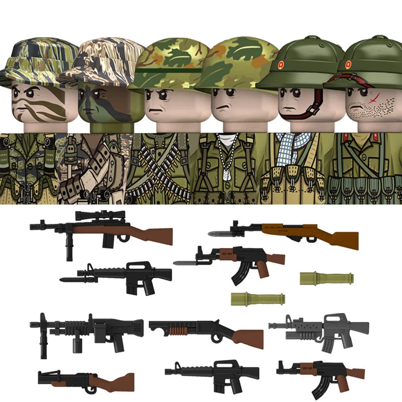 MOC WW2 The Vietnam War Military Soldeirs Building Blocks Vietnamese American Army Infantry Helmets Weapons  Bricks Toys Boys