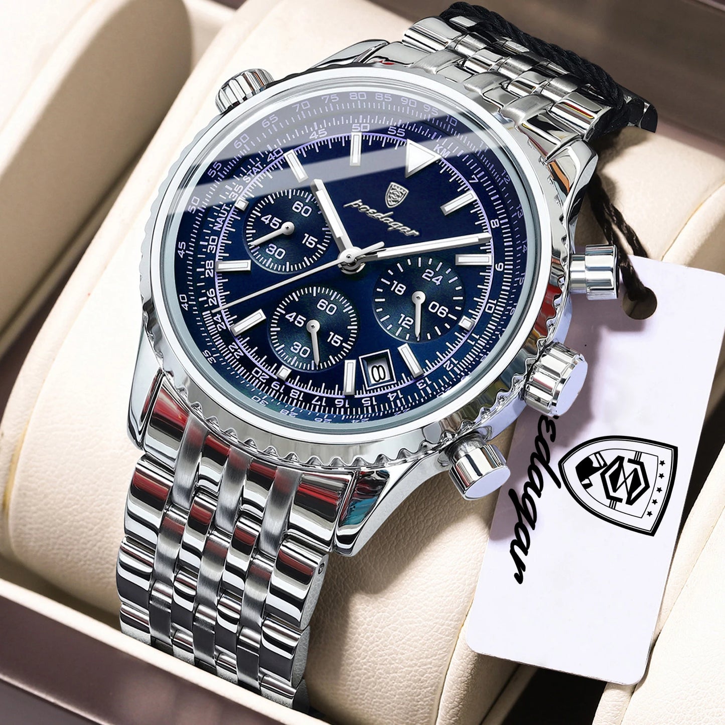 POEDAGAR Luxury Business Men's Watch Stainless Steel Chronograph Date Sport Quartz Man Clock Waterproof Luminous Military Watches For Men