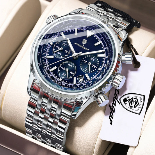 POEDAGAR Luxury Business Men's Watch Stainless Steel Chronograph Date Sport Quartz Man Clock Waterproof Luminous Military Watches For Men