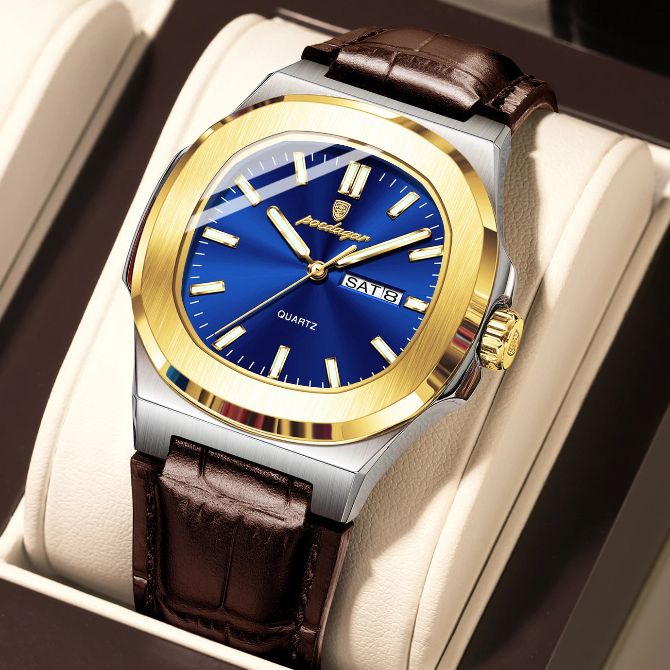 POEDAGAR Top Fashion Men's Quartz Watches Luxury Luminous Waterproof Man Clock Week Date Leather Business Men Watch Reloj Hombre