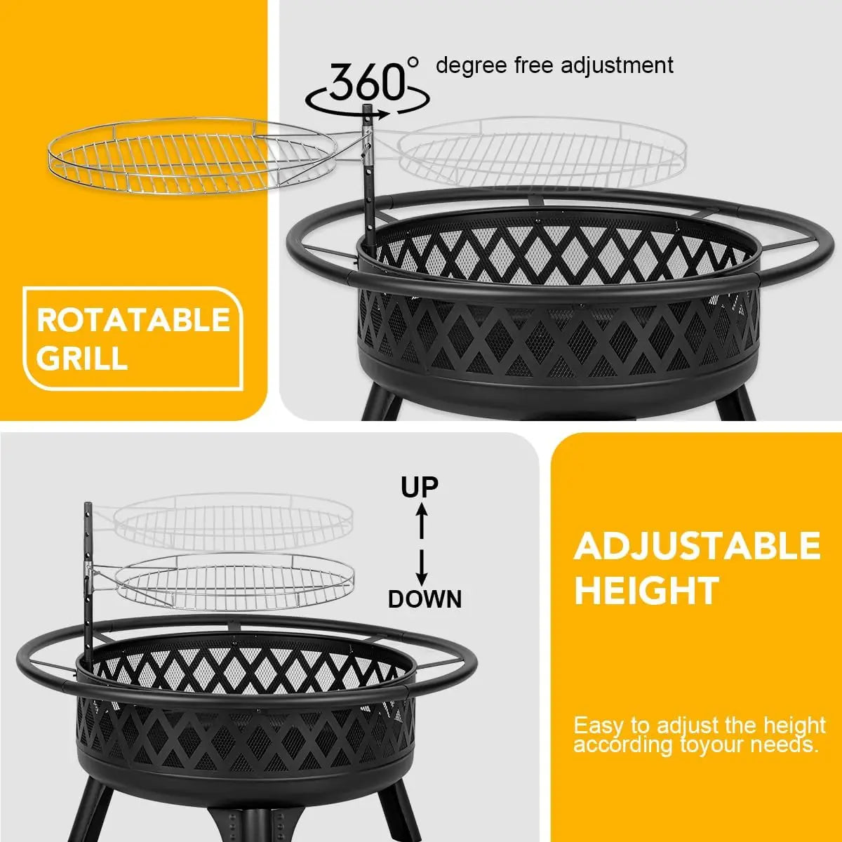 38 Inch Wood Burning Fire Pit for Outside, Round Firepit with Grill & Metal Lid, Metal Outdoor Fire Pit Table for Patio Backyard