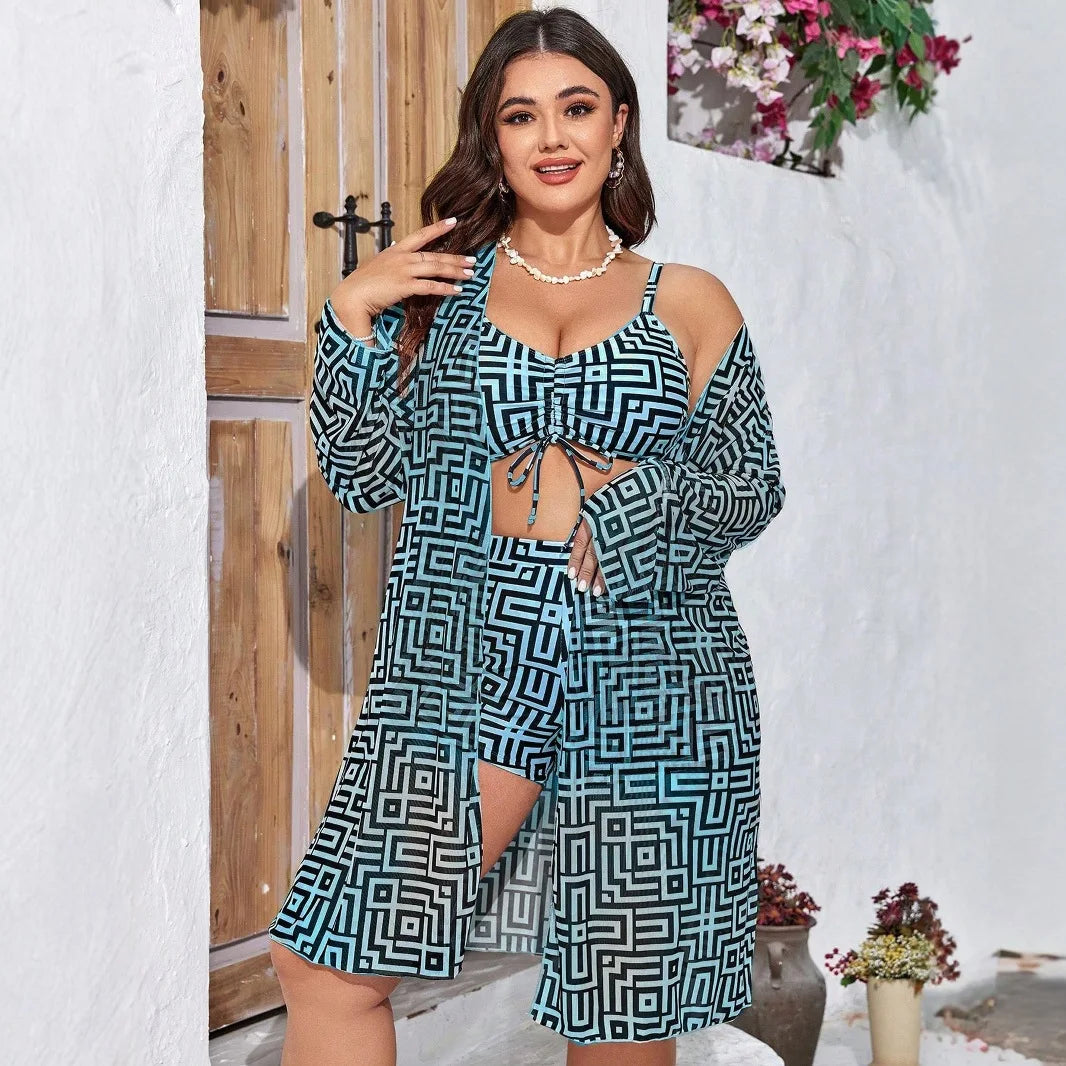 Plus Size 3‑Piece Geometric Print Swimsuit Front Tie Cami Top High Waist Shorts Long Sleeve Kimono Cover‑Up Beach Bathing Suit